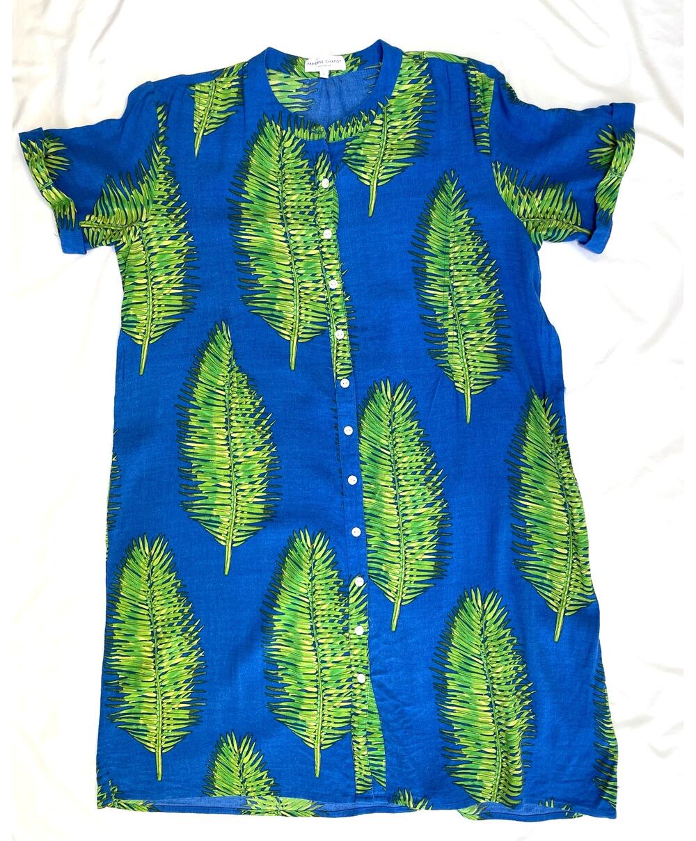 Fabienne Chapot Blue Green Palm Leaf Shirt Mini Dress Tropical Vacation, Large